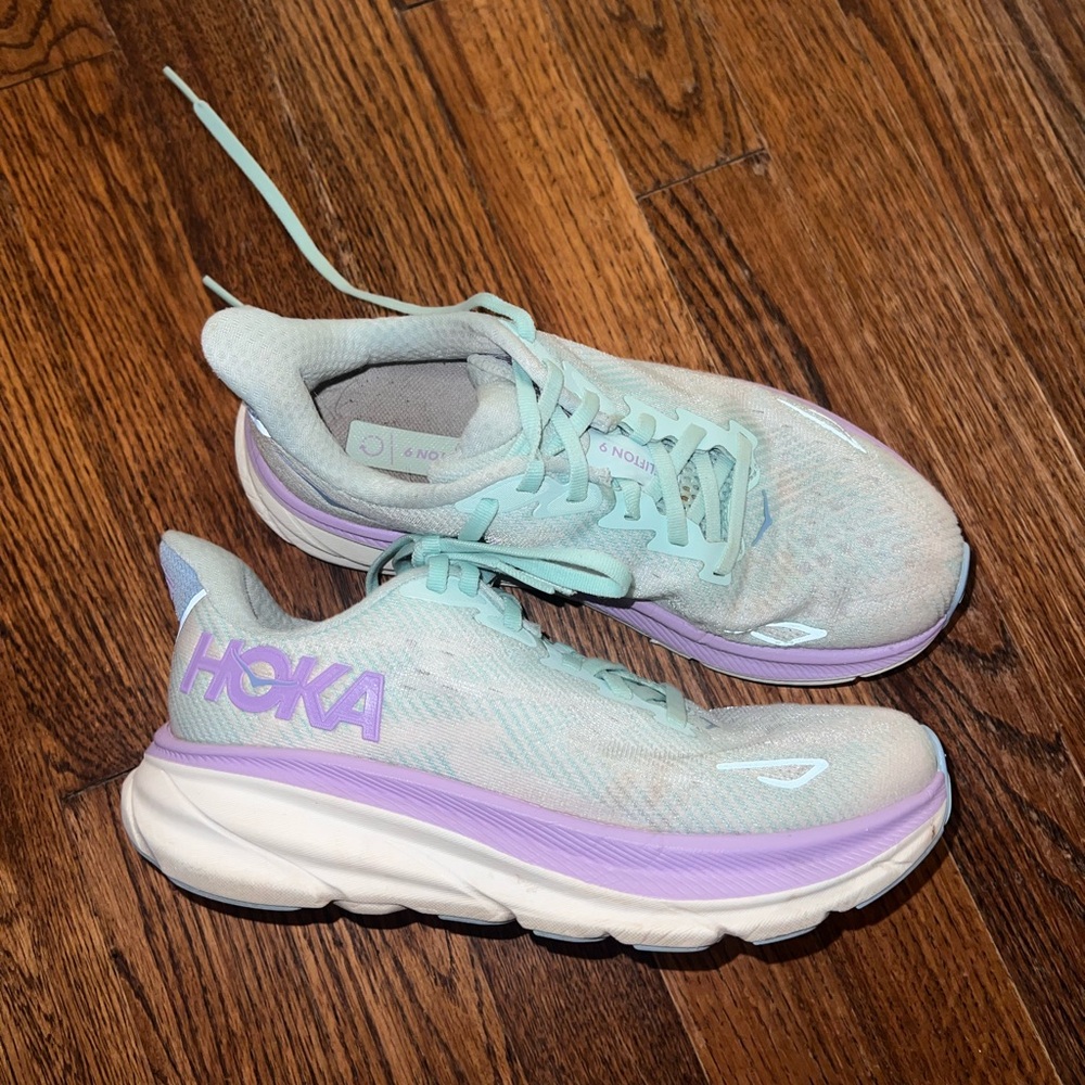 Hoka Clifton 9 Mint and Lavender Shoes